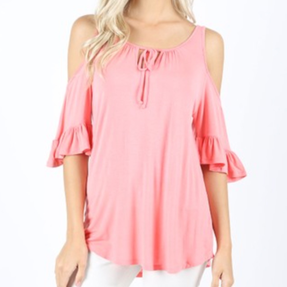 Coral Blouse with shoulder openings and ruffles